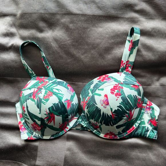 VICTORIA'S SECRET Green Red Floral Swim Push Up Bikini Top Size 38D - Picture 1 of 4